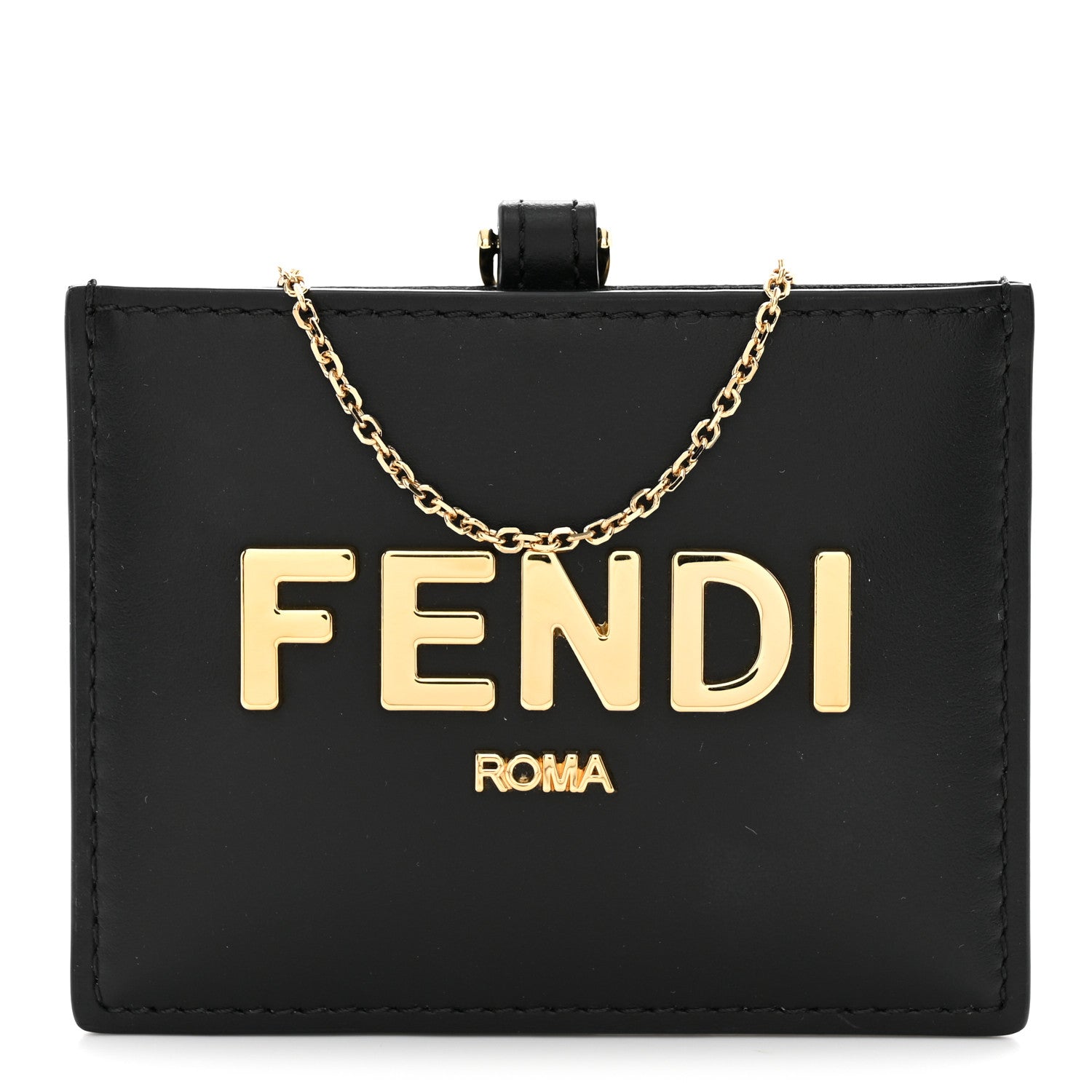 Fendi Vitello Kyoto Metal Fendi Roma Logo Badge Holder With Chain Black 1 of 7