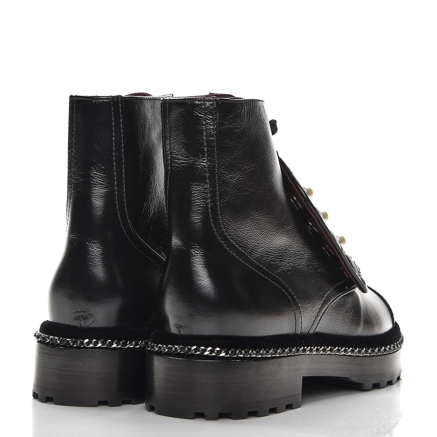 Chanel Crackled Calfskin Velvet Pearl Combat Short Boots 37.5 Black 4 of 8