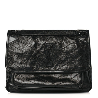 Saint Laurent Crinkled Calfskin Matelasse Monogram Medium Niki Chain Satchel Black 1 of 9