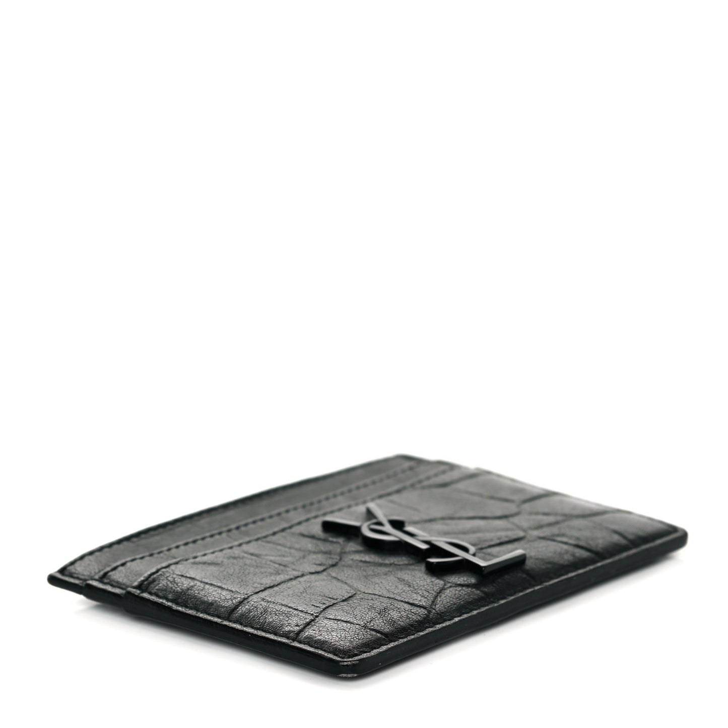 Calfskin Crocodile Embossed Monogram Credit Card Case Black
