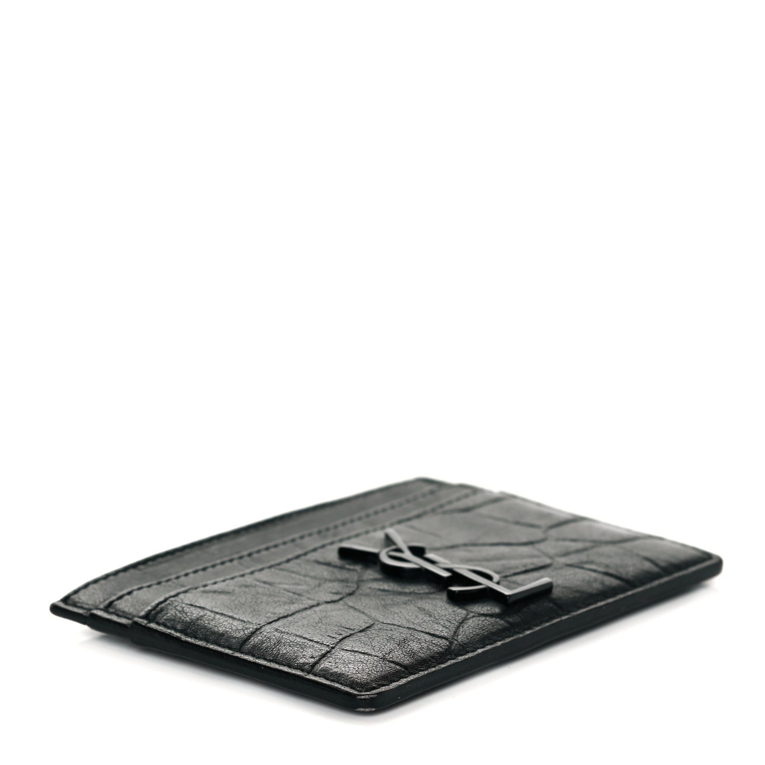 Saint Laurent Calfskin Crocodile Embossed Monogram Credit Card Case Black 8 of 9