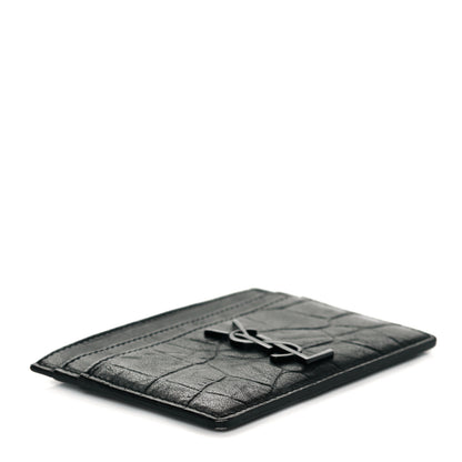 Saint Laurent Calfskin Crocodile Embossed Monogram Credit Card Case Black 8 of 9