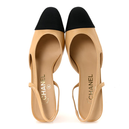 Chanel Goatskin Grosgrain Cap Toe CC Slingback Pumps 37.5 Beige Black 2 of 9