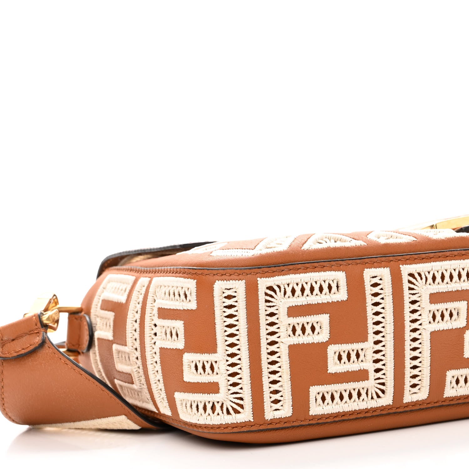 Fendi Vitello Seta FF Ajour Embroidered Baguette Brandy 7 of 8