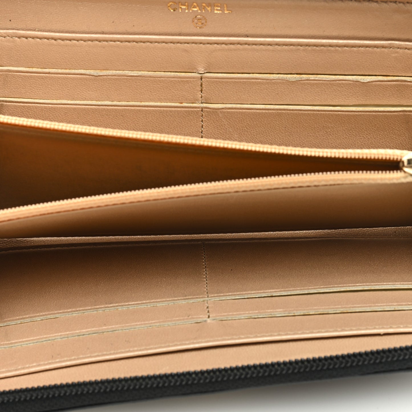Lambskin Camellia Embossed Large Zip Around Gusset Wallet Black
