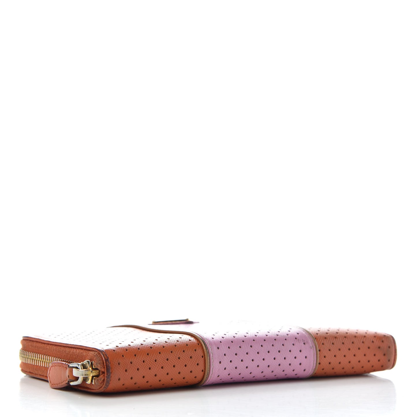 Saffiano Perforated Striped Zip Around Wallet Papaya Caramel
