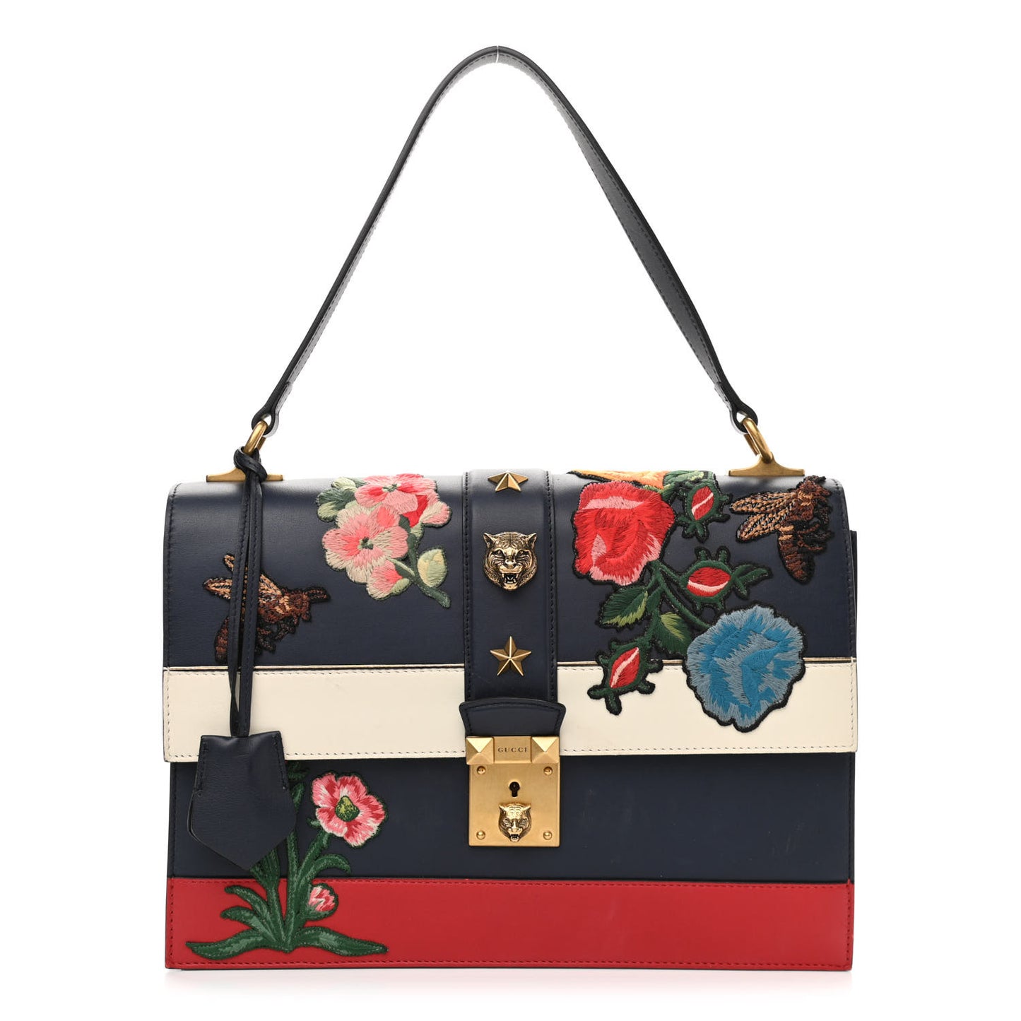Calfskin Embroidered Riche Stripe Shoulder Bag Blue Red