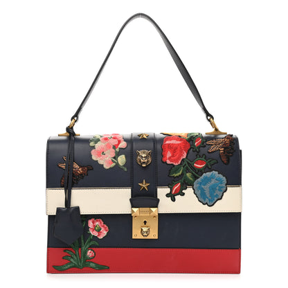 Gucci Calfskin Embroidered Riche Stripe Shoulder Bag Blue Red 1 of 12