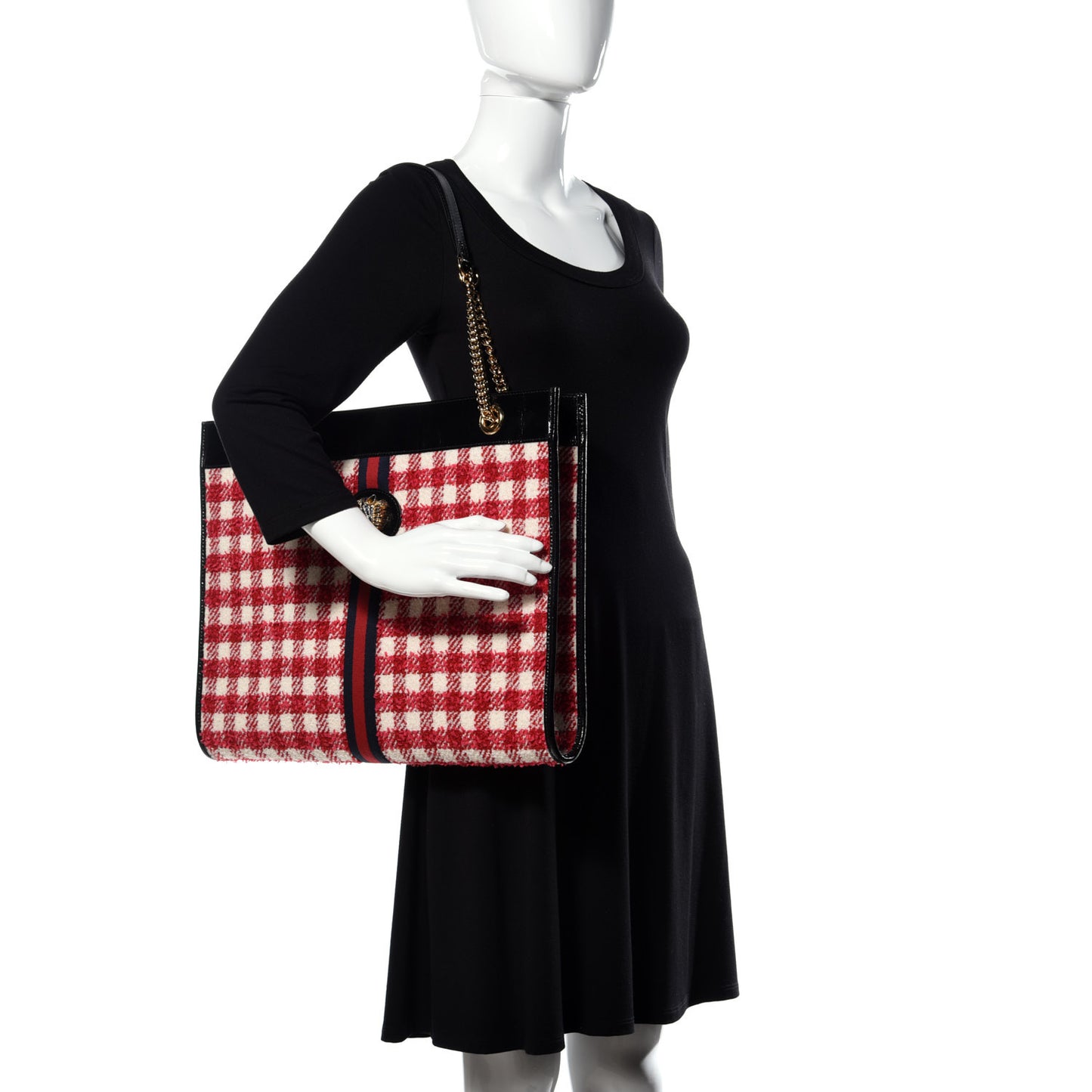 Tweed Check Large Rajah Chain Tote Black Red