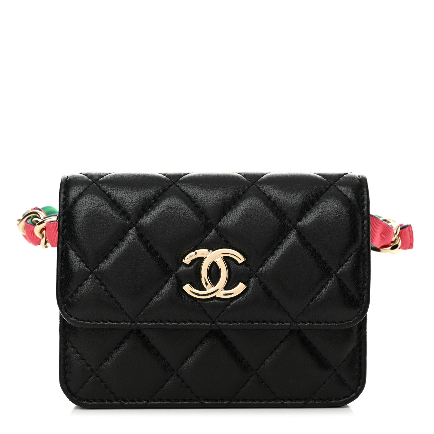 Shiny Lambskin Ribbon Quilted Flap Belt Bag Black