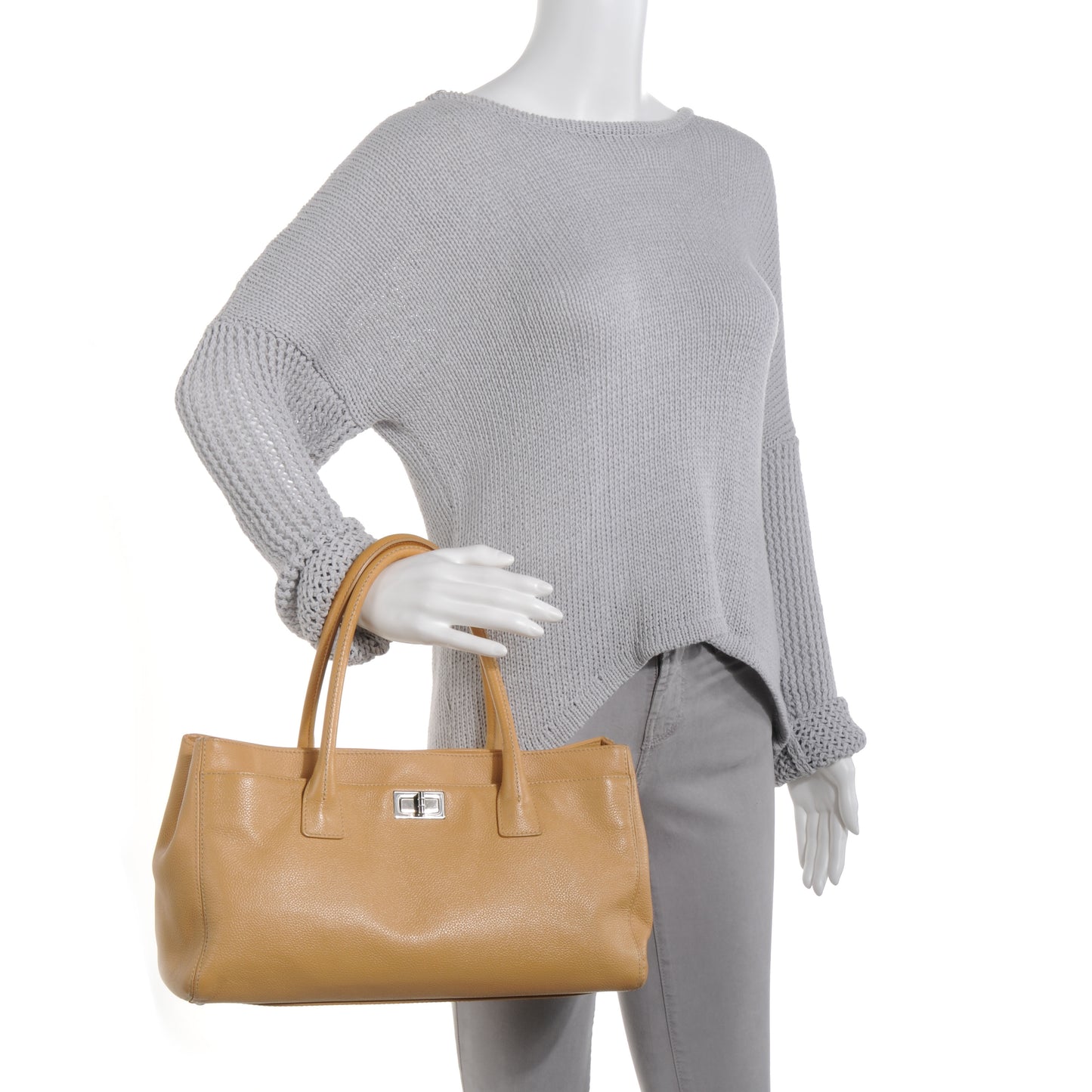 Caviar Mademoiselle Lock Cerf Shopper Tote Beige