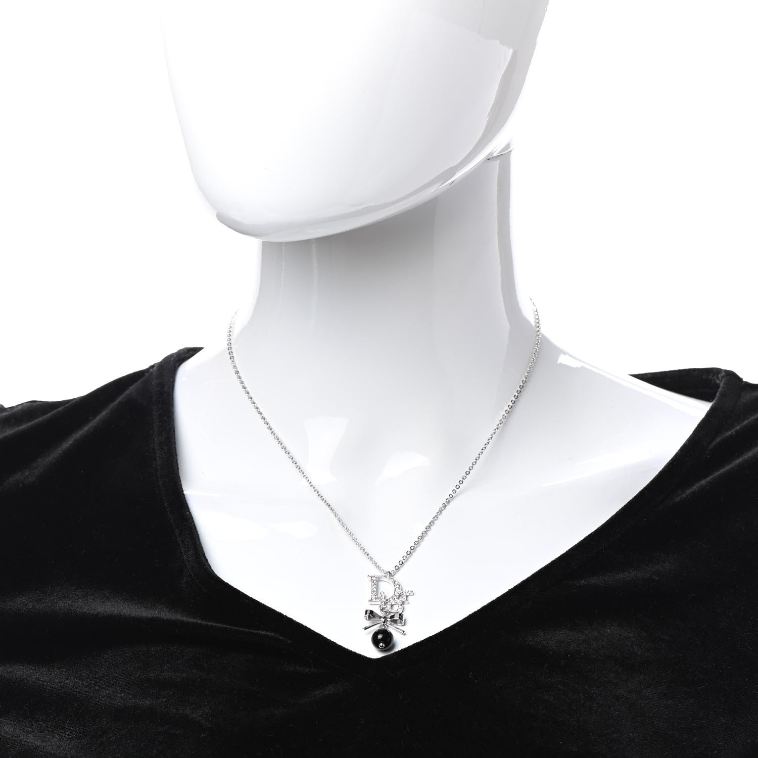 Christian Dior Enamel Bead Logo Bow Necklace Silver Black 2 of 6