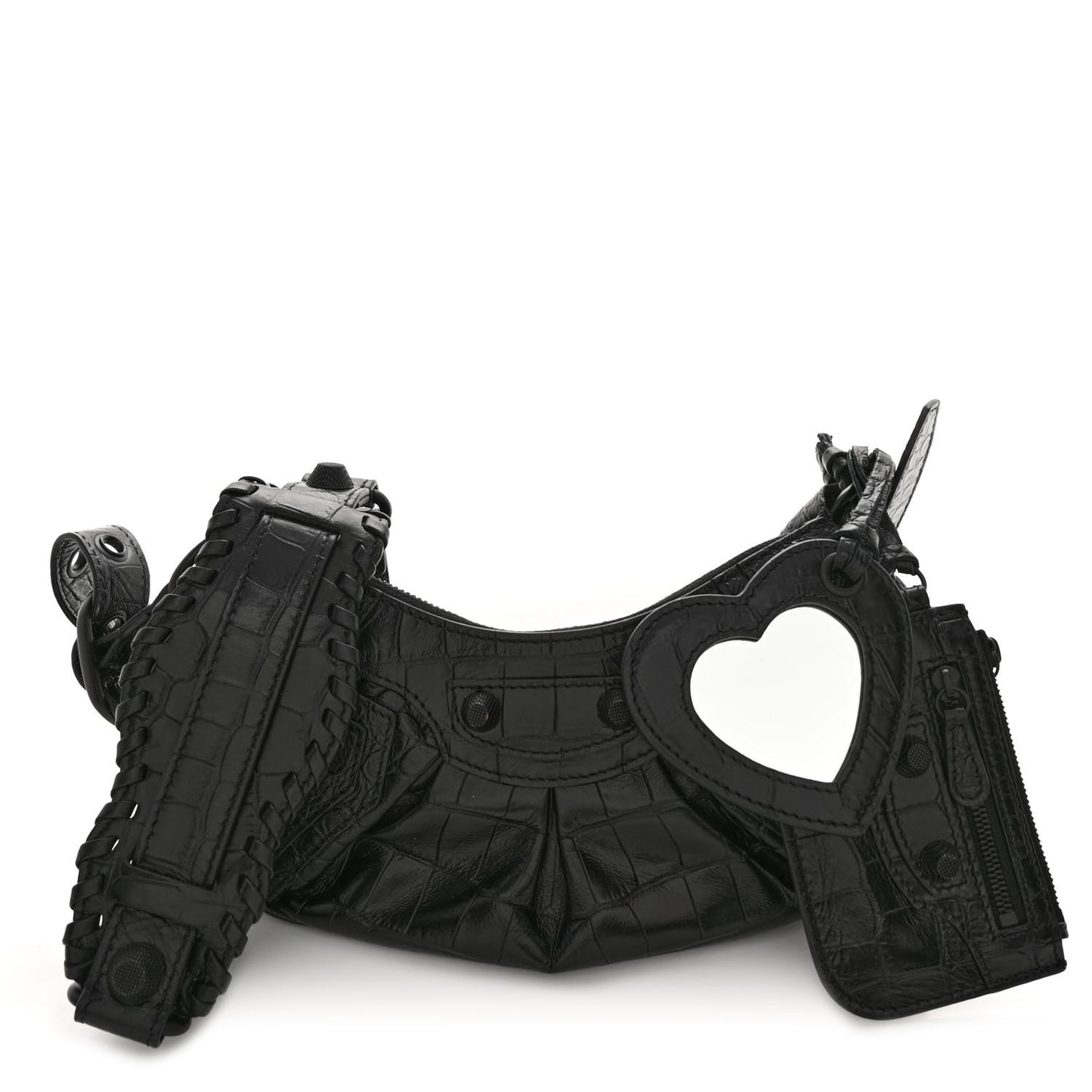 Extra Supple Calfskin Crocodile Embossed Monochrome Le Cagole Shoulder Bag XS Black