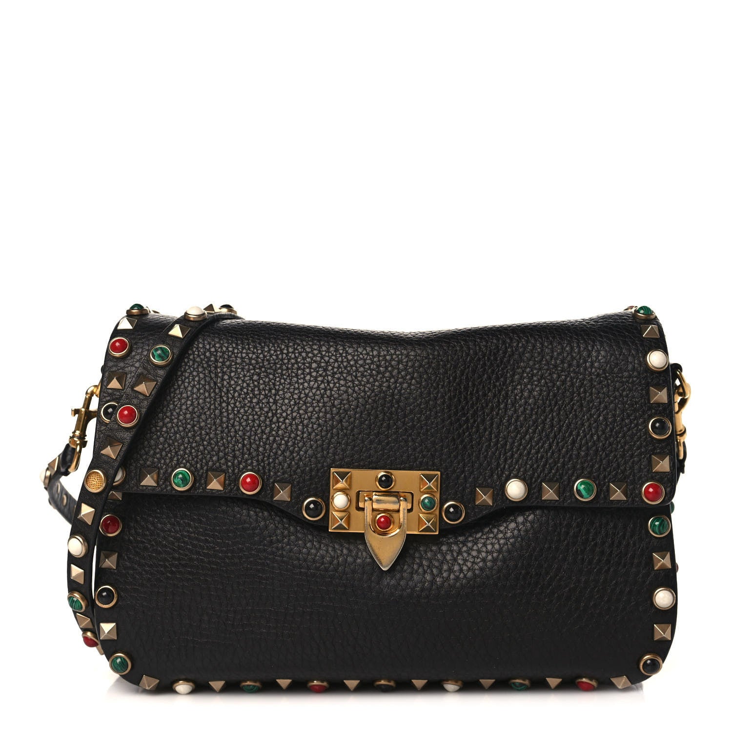 Valentino Garavani Pebbled Calfskin Medium Rockstud Rolling Flap Saddle Bag Black 1 of 9