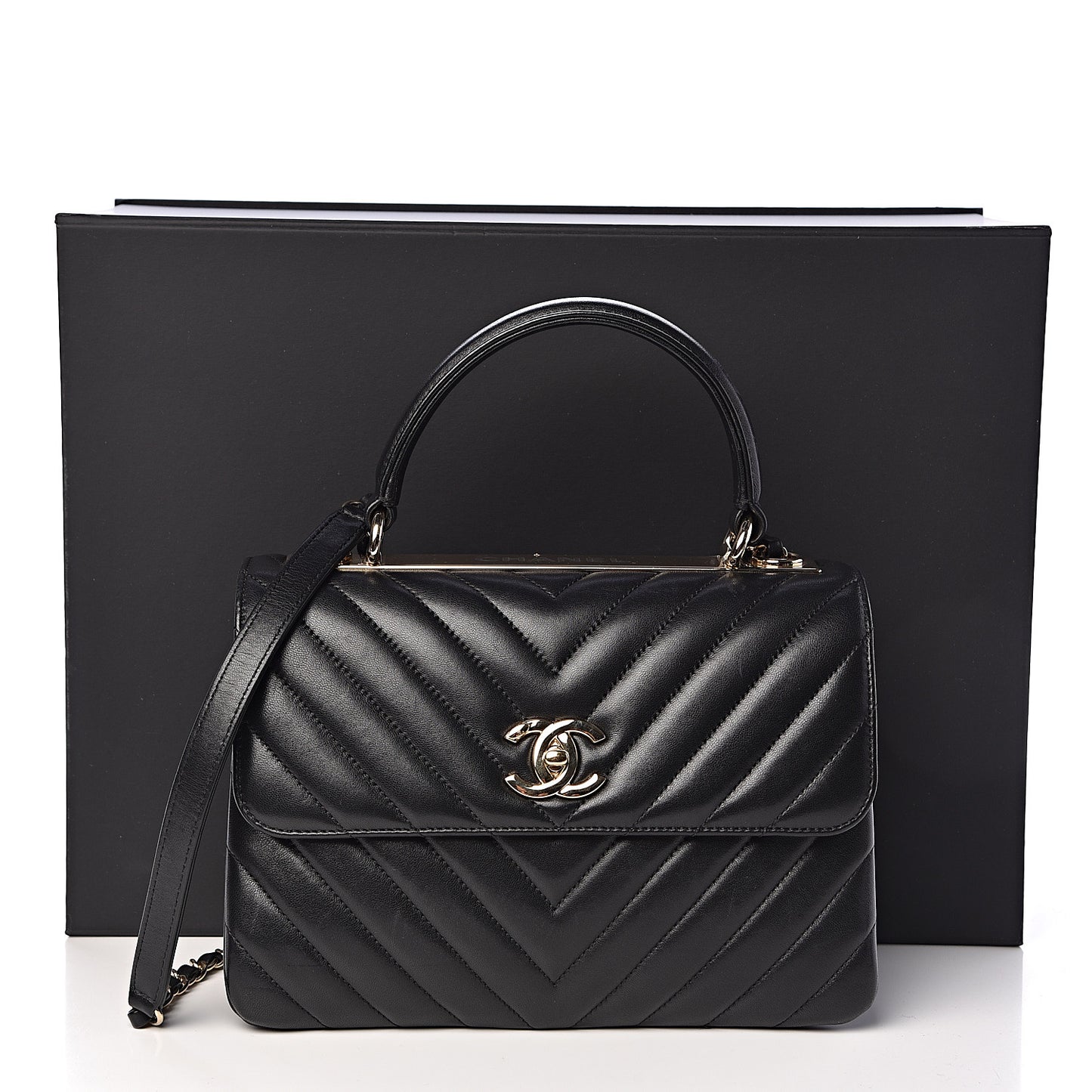 Lambskin Chevron Quilted Small Trendy CC Dual Handle Flap Bag Black
