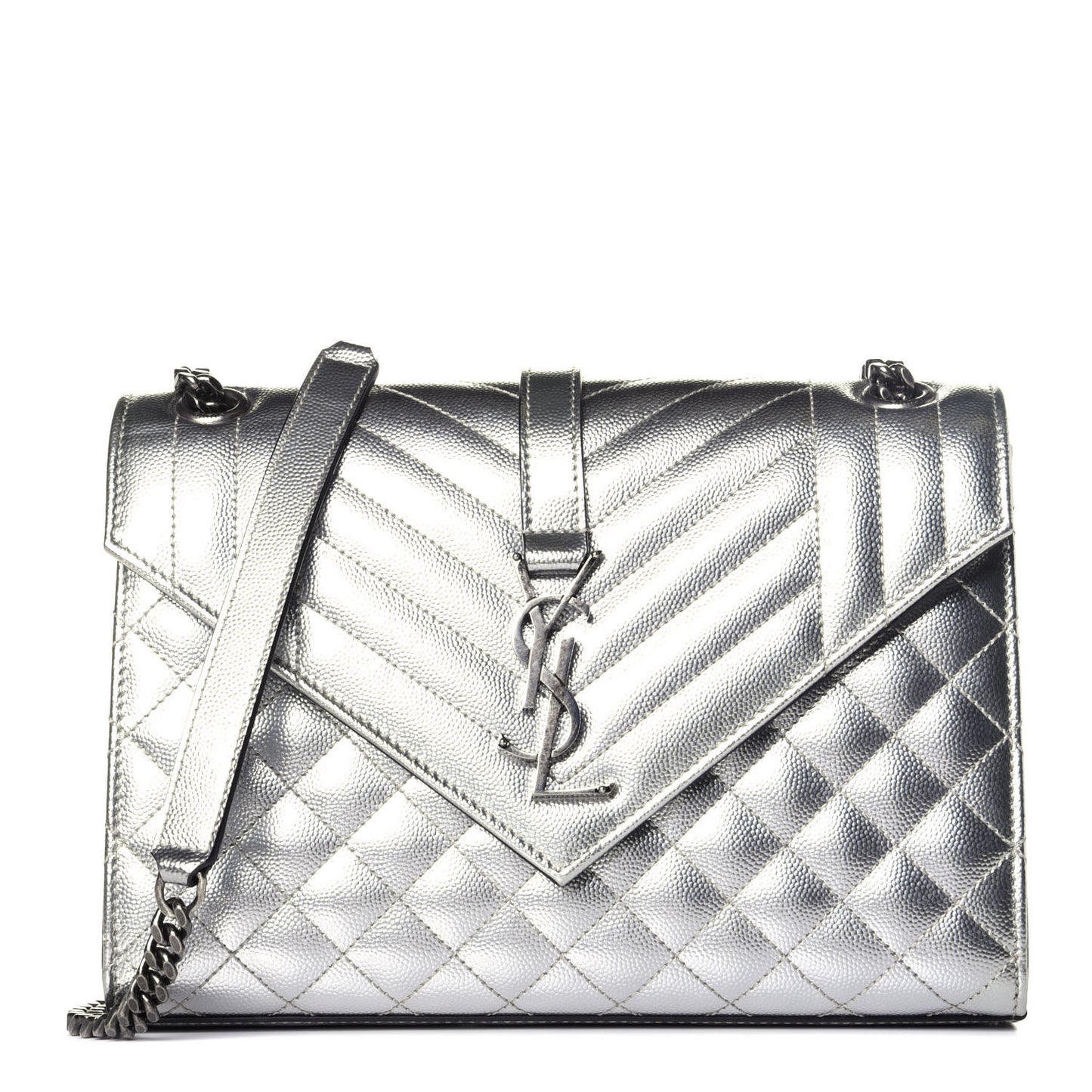 Metallic Grain De Poudre Textured Mixed Matelasse Triquilt Medium Monogram Satchel Silver