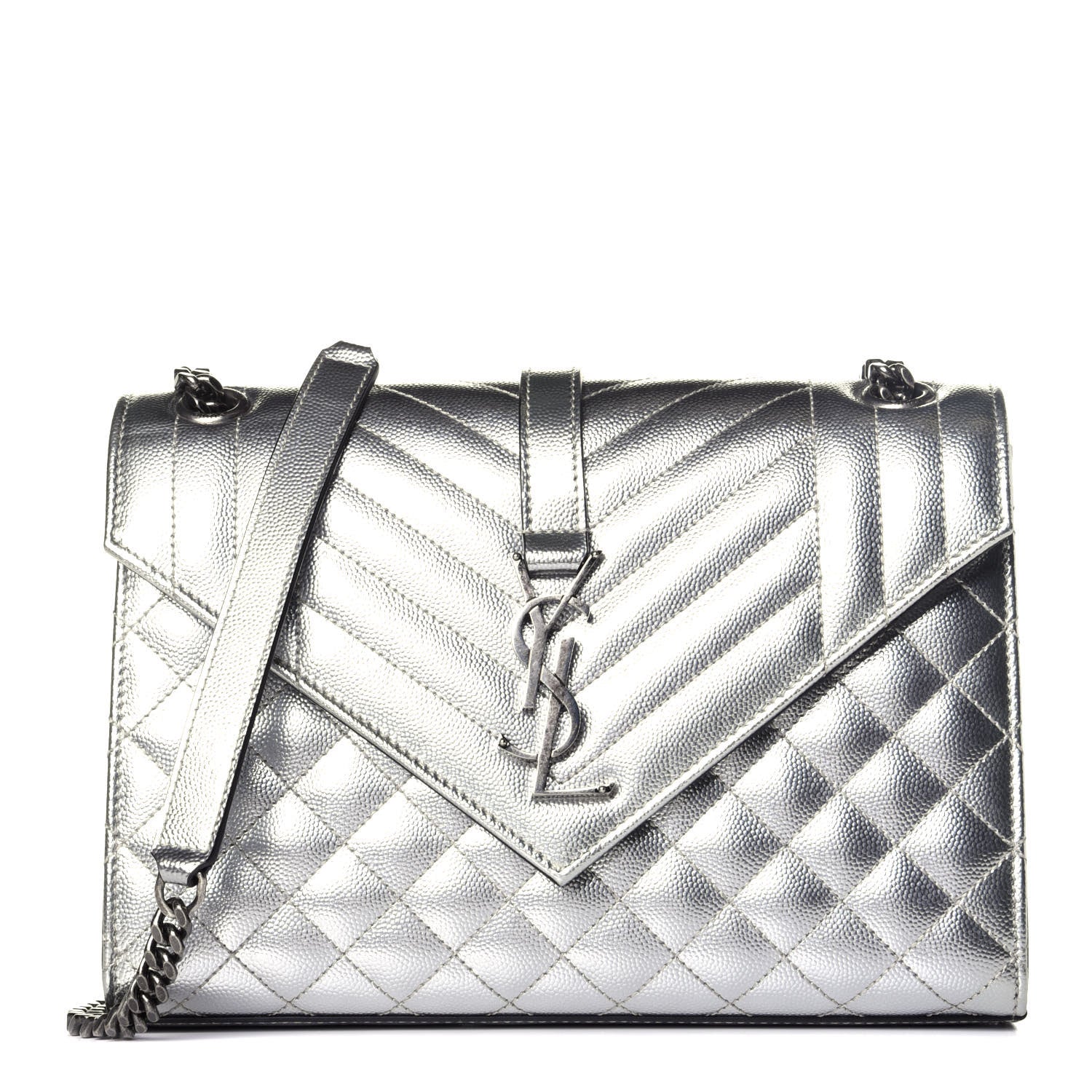 Saint Laurent Metallic Grain De Poudre Textured Mixed Matelasse Triquilt Medium Monogram Satchel Silver 1 of 8