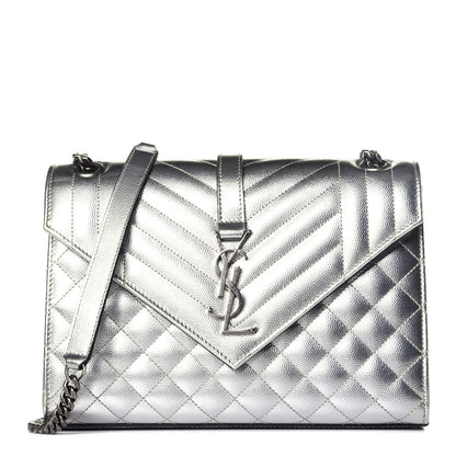 Saint Laurent Metallic Grain De Poudre Textured Mixed Matelasse Triquilt Medium Monogram Satchel Silver 1 of 8