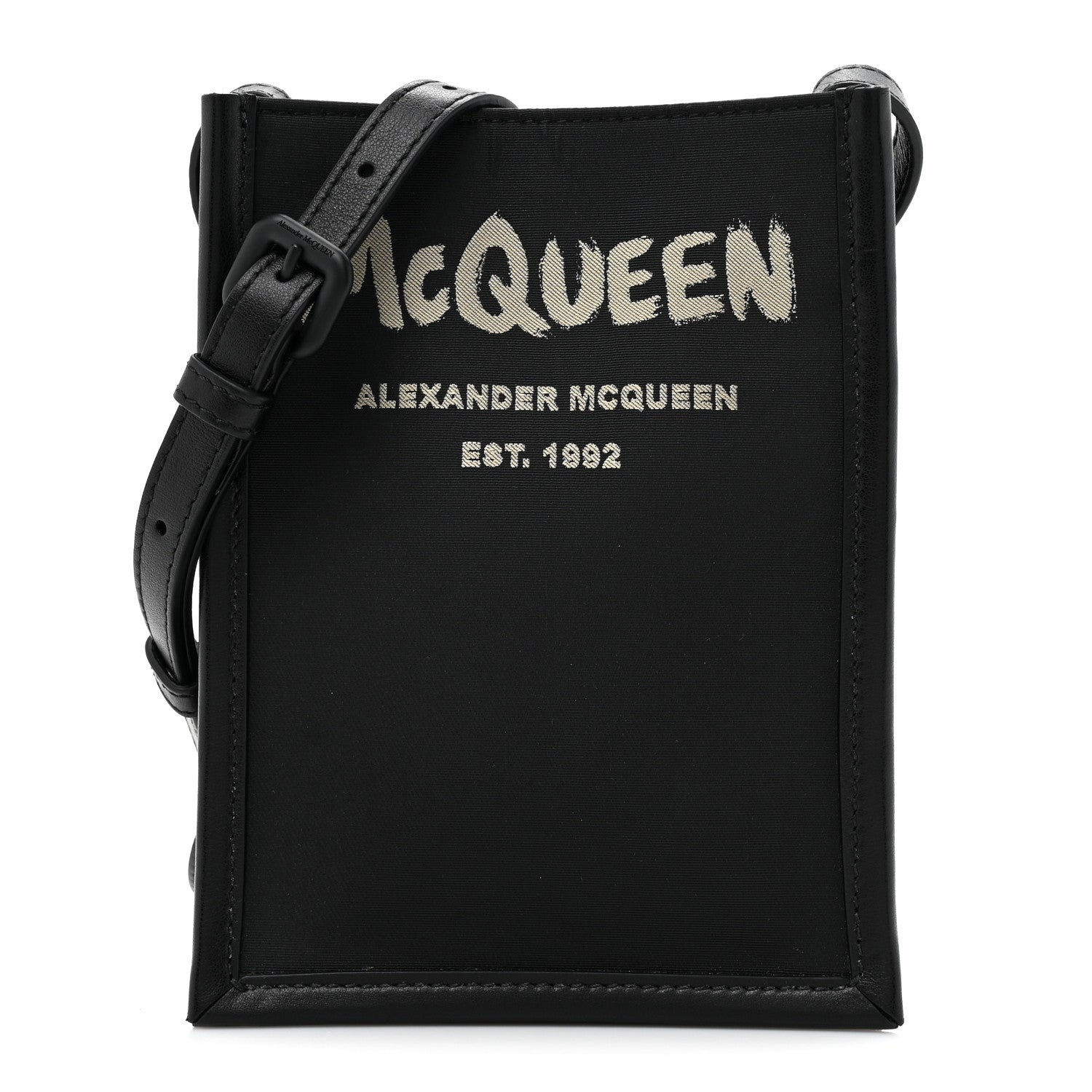 Alexander McQueen Nylon Calfskin Graffiti Logo Mini Crossbody Bag  Black Off White 1 of 9