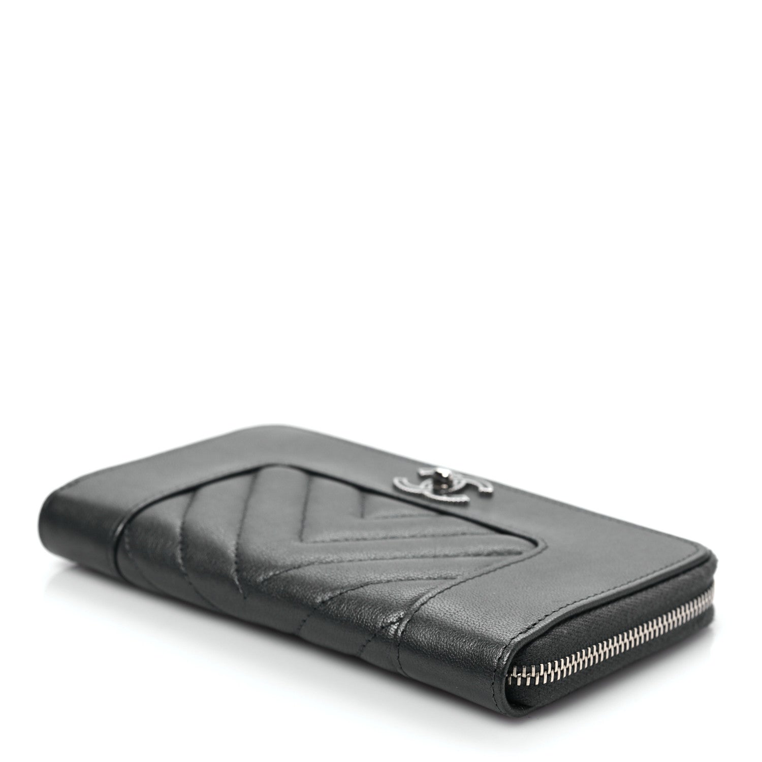 Chanel Sheepskin Chevron Quilted Mademoiselle Vintage Zip Around Wallet Grey 9 of 9