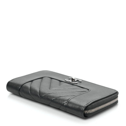 Chanel Sheepskin Chevron Quilted Mademoiselle Vintage Zip Around Wallet Grey 9 of 9