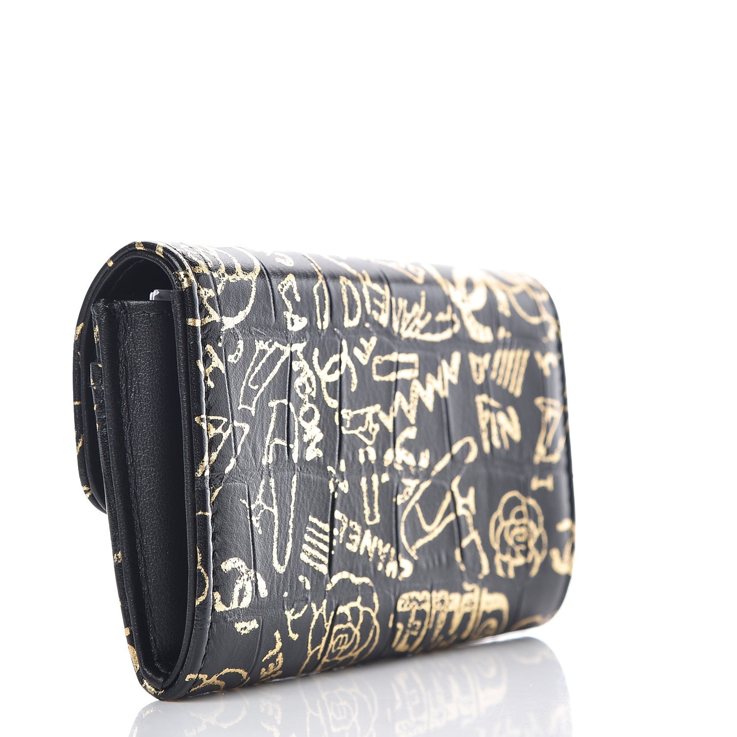 Calfskin Crocodile Embossed Graffiti 2.55 Cocodile Reissue Flap Card Holder Black Gold