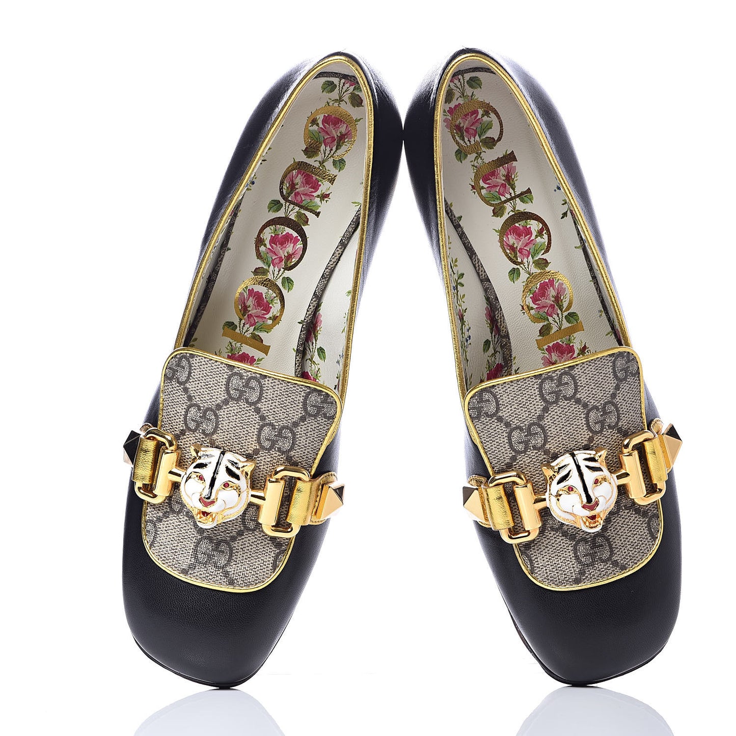 Malaga Kid Nappa GG Supreme Monogram Tiger Head Mid Heel Loafer Pumps 35.5 Black Oro Vecchio Beige