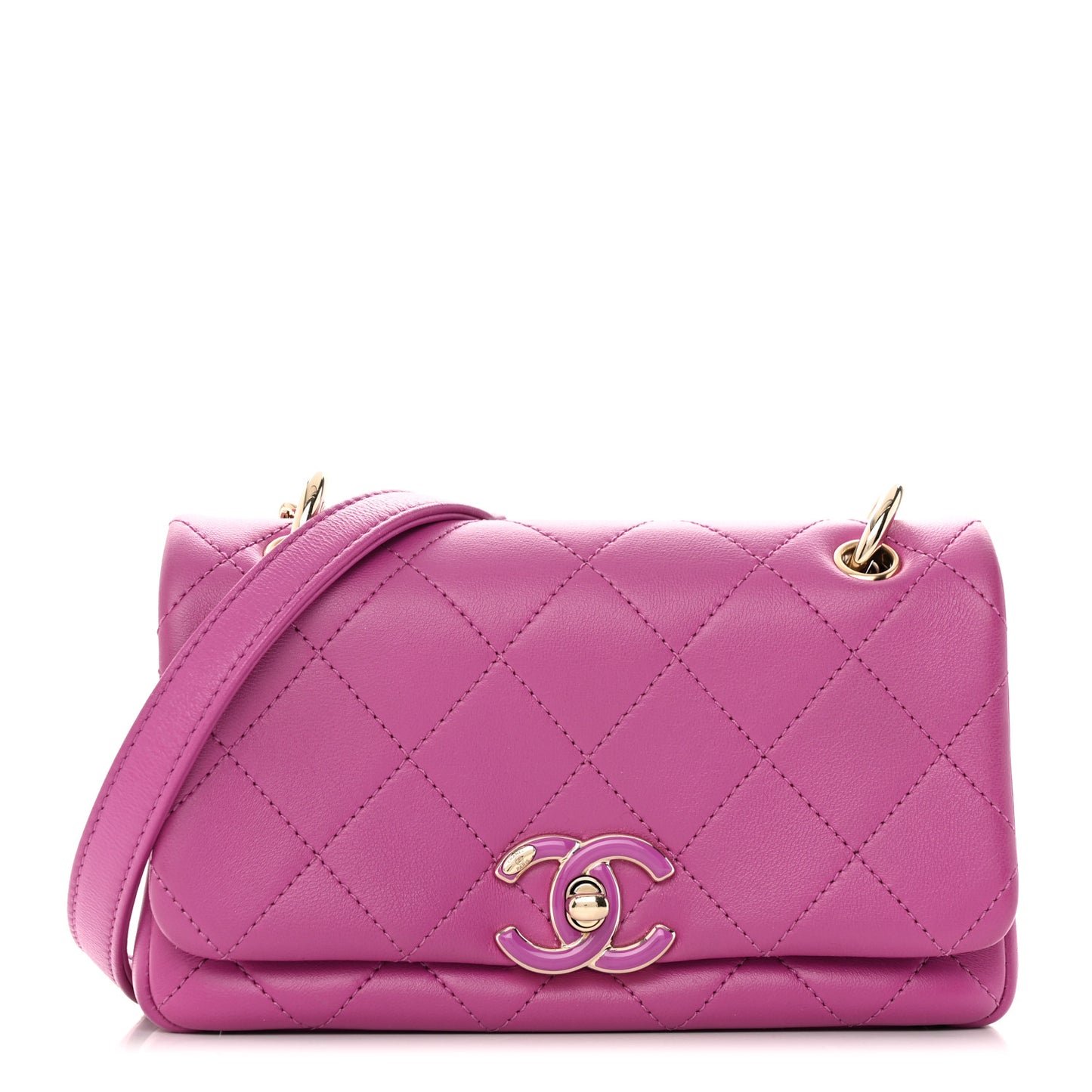 Lambskin Enamel Quilted Small Woven Logo Flap Purple