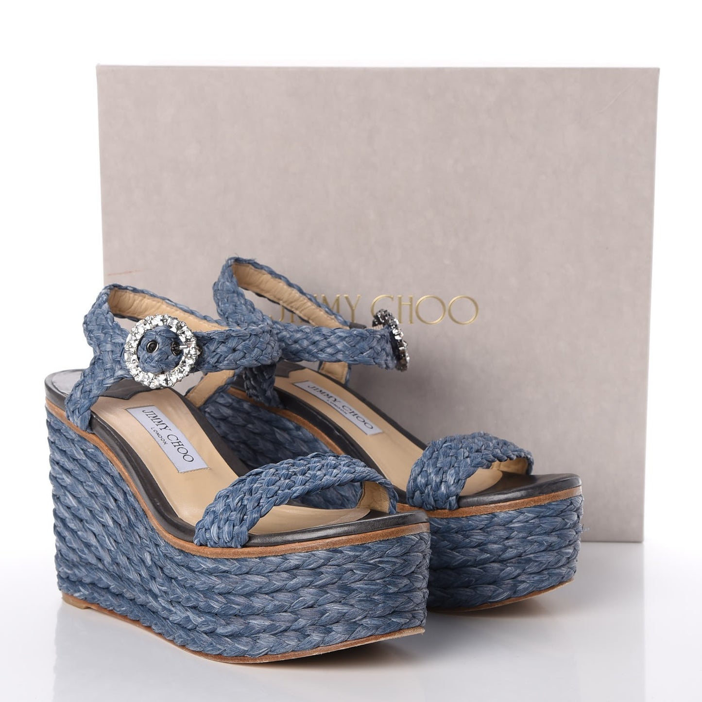 Woven Raffia Crystal Buckle Nylah 100 Platform Wedges 39 Dusk Blue