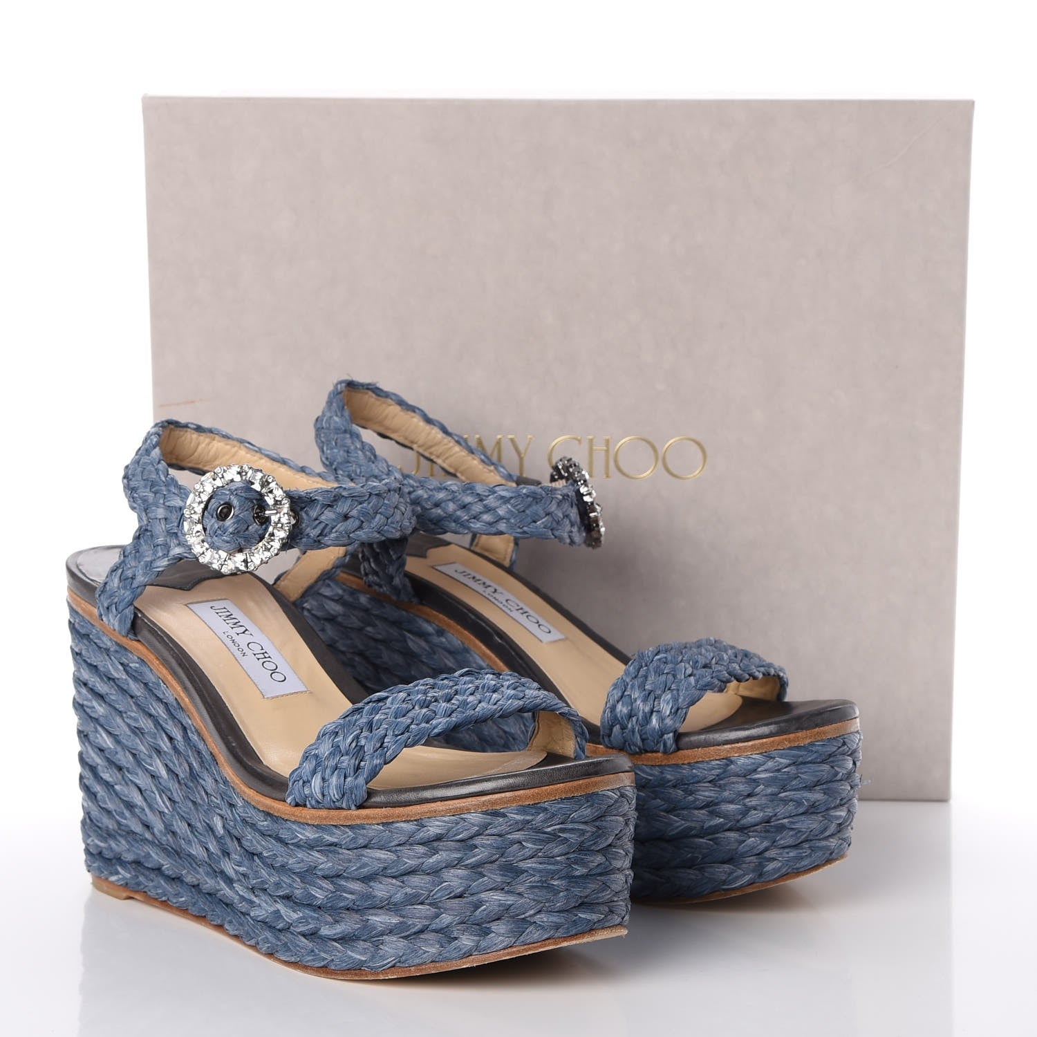 Jimmy Choo Woven Raffia Crystal Buckle Nylah 100 Platform Wedges 39 Dusk Blue 20 of 20
