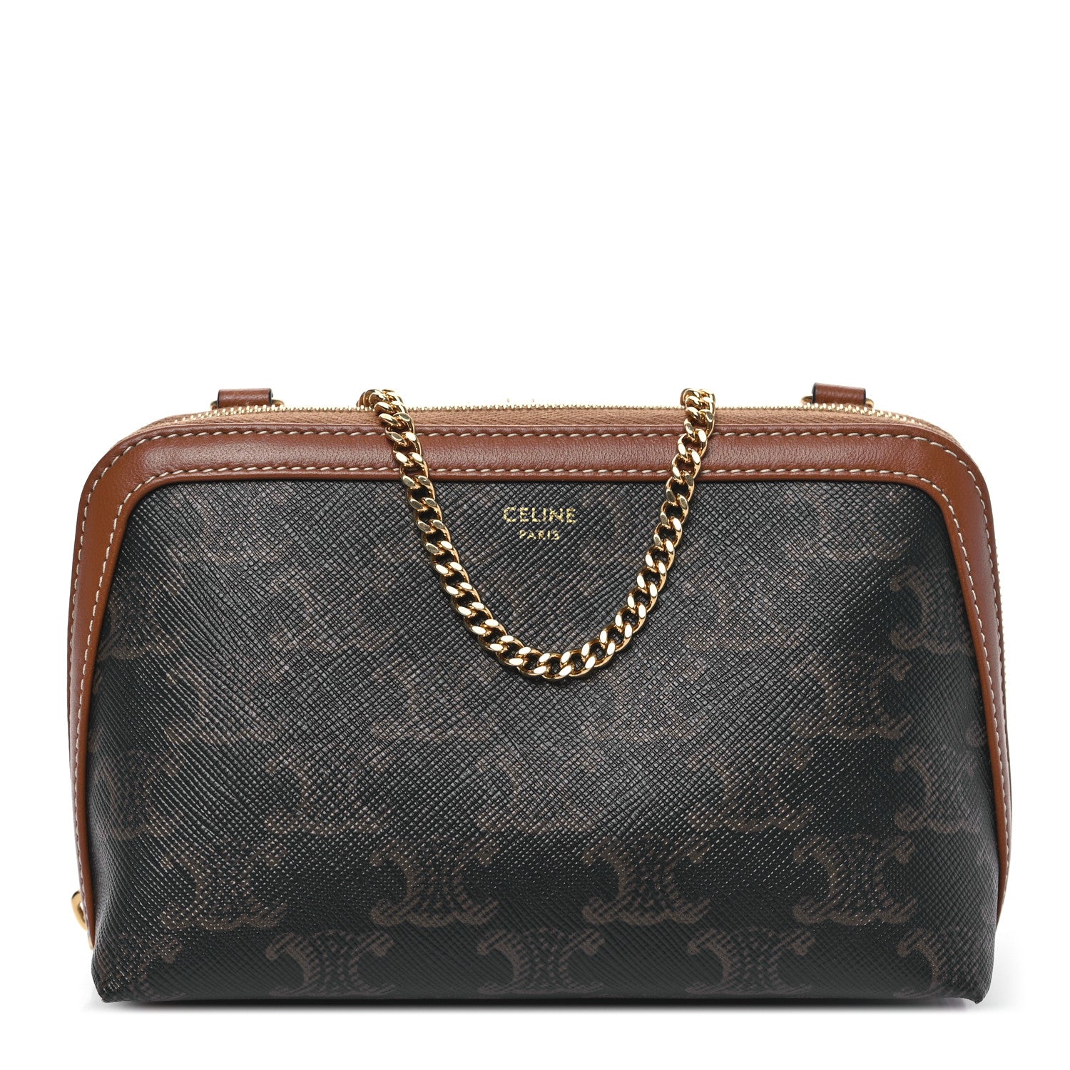 Celine Triomphe Canvas Lambskin Clutch On Chain Tan 1 of 10