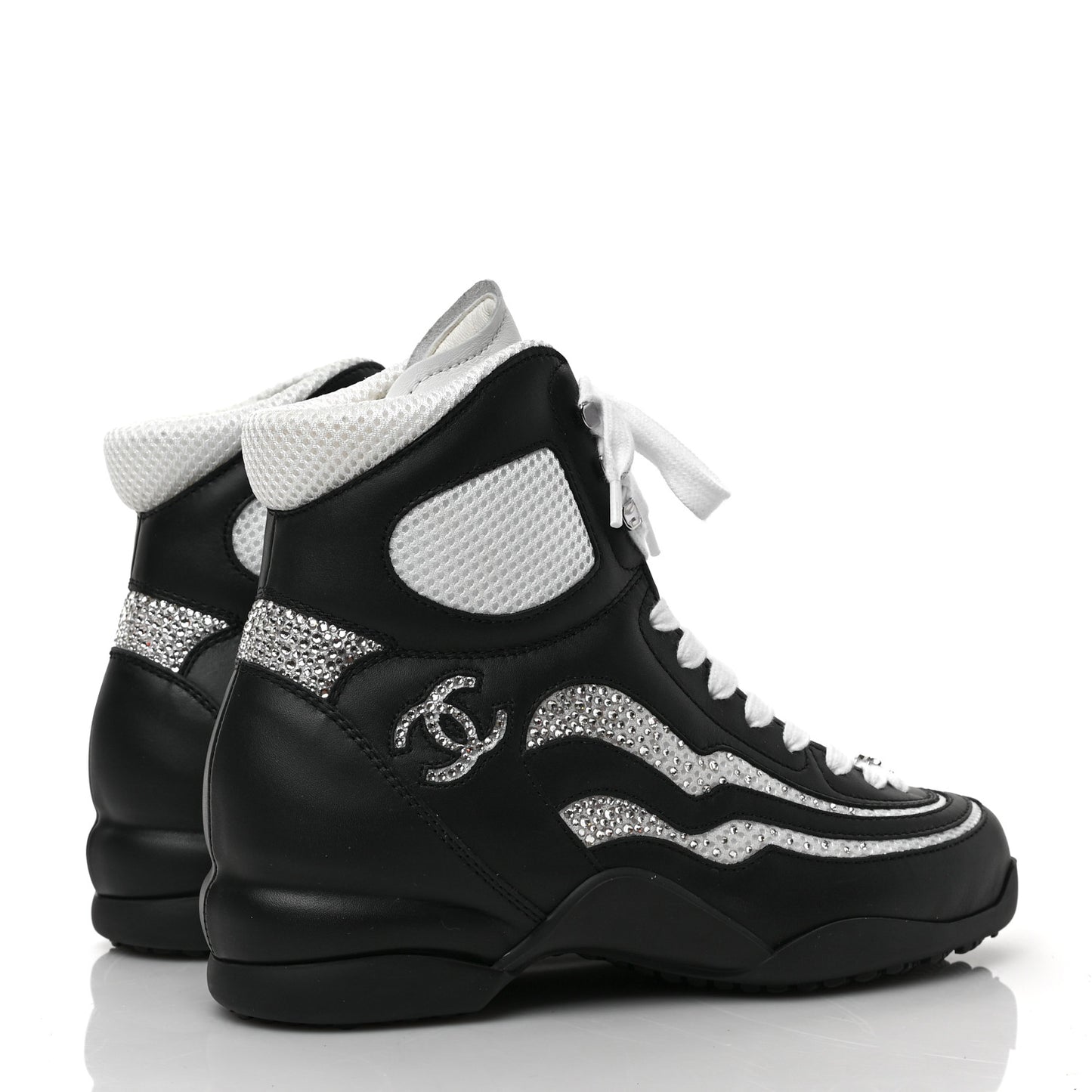 Fabric Calfskin Strass Womens CC Sneakers 38 Black White Silver