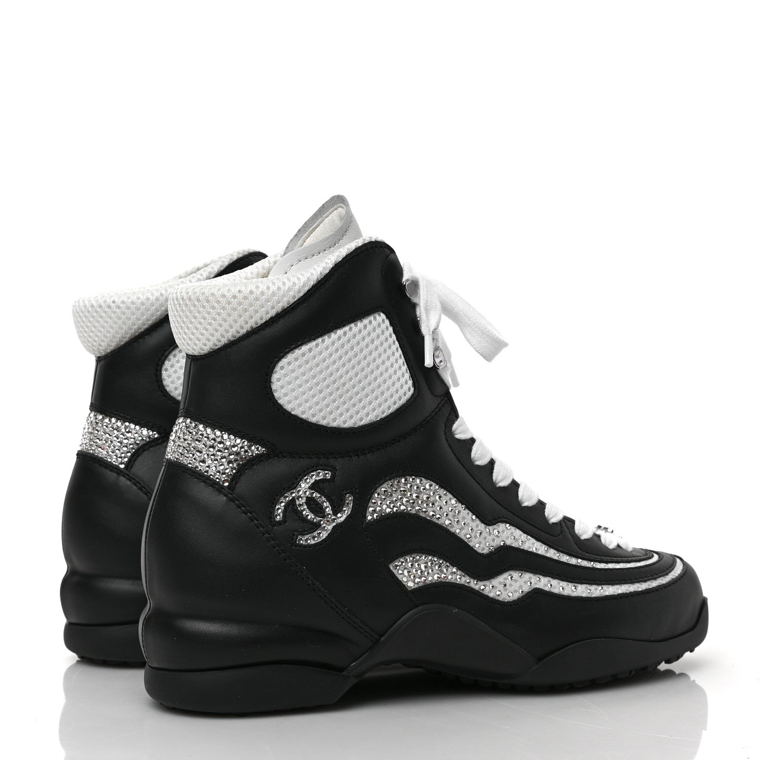 Chanel Fabric Calfskin Strass Womens CC Sneakers 38 Black White Silver 4 of 9