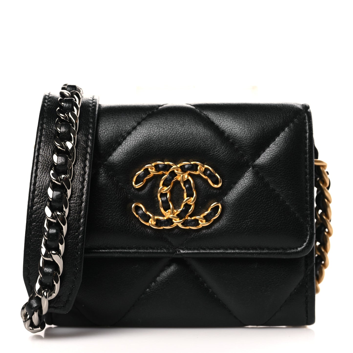 Lambskin Quilted Chanel 19 Flap Coin Purse With Chain Black