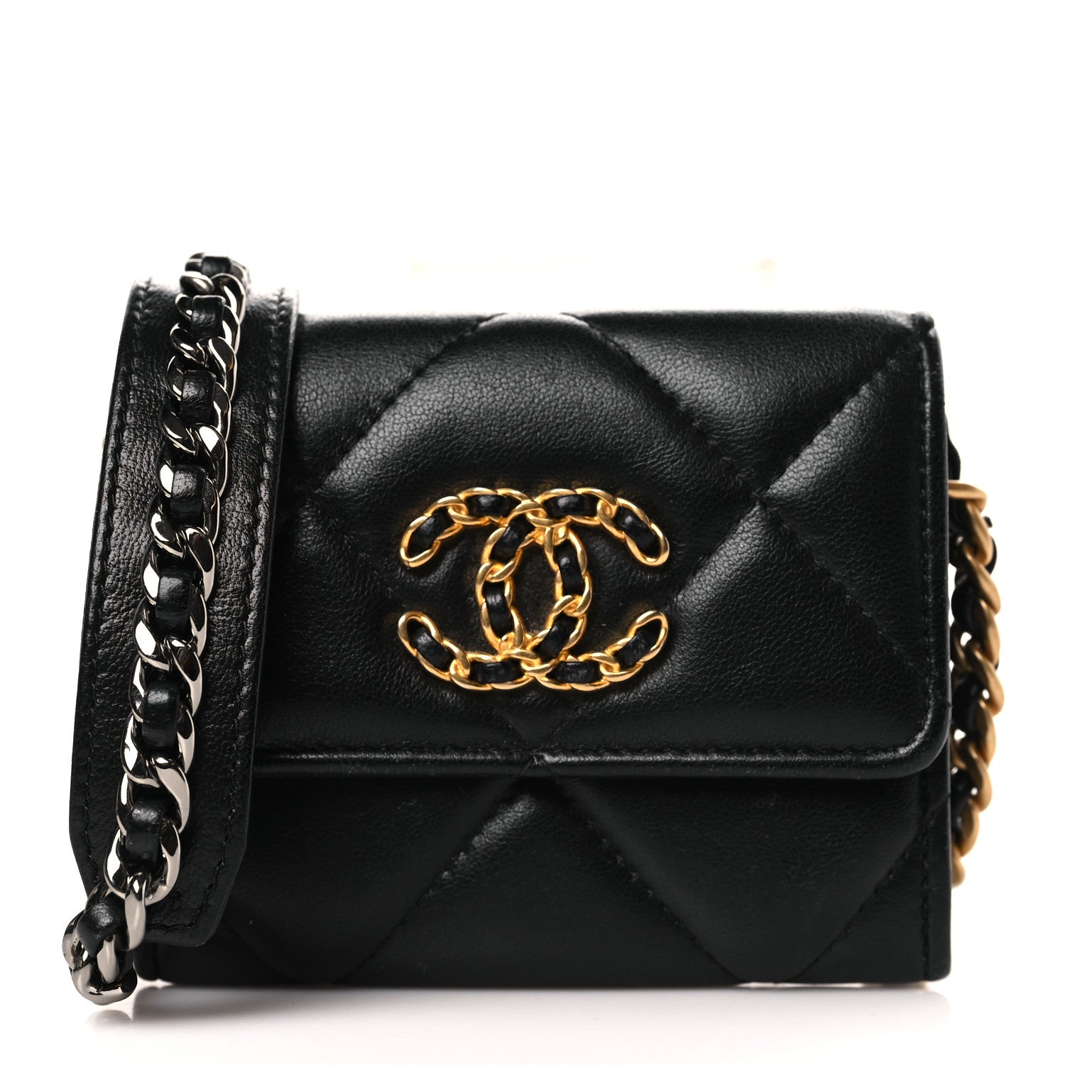 Chanel Lambskin Quilted Chanel 19 Flap Coin Purse With Chain Black 1 of 10