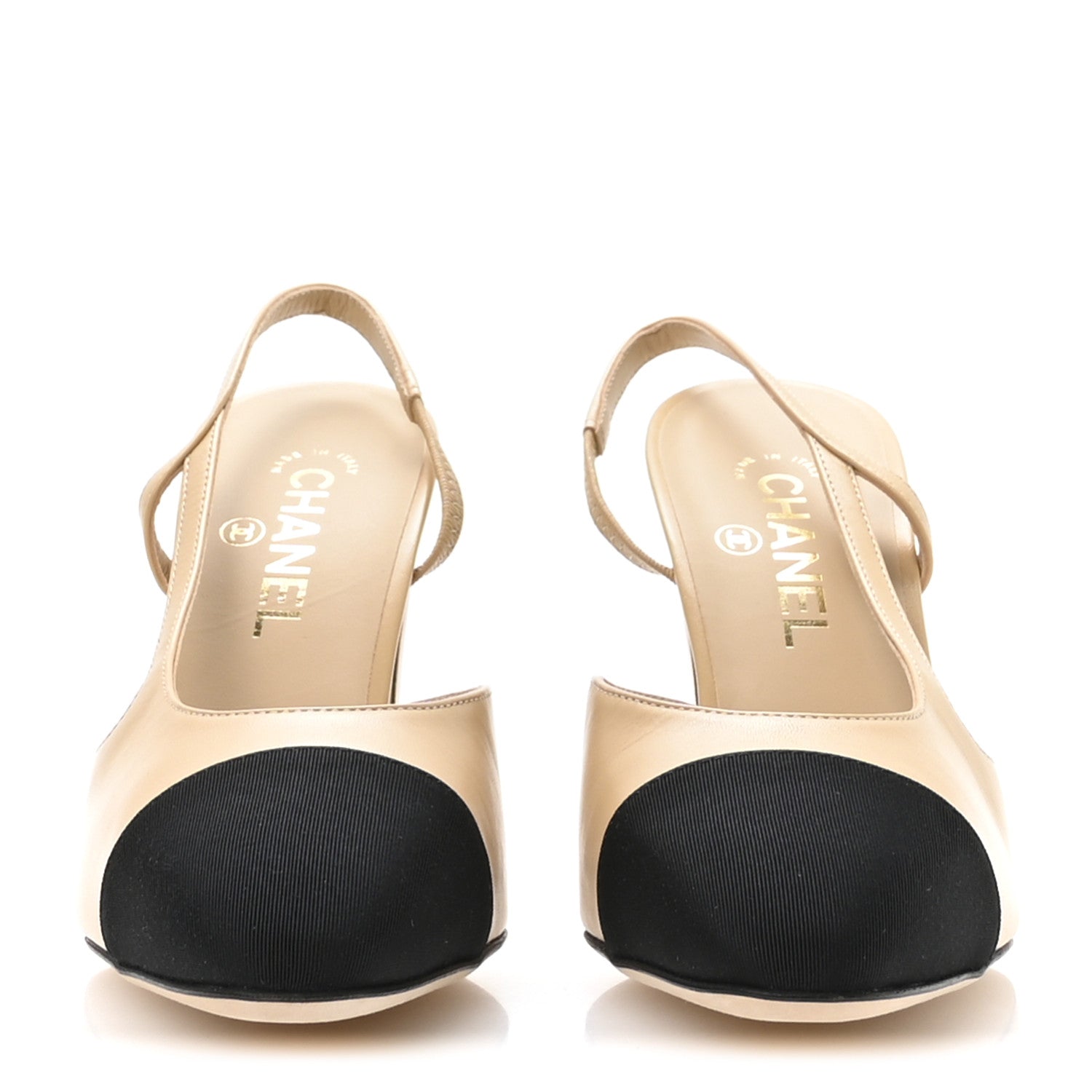 Chanel Goatskin Grosgrain Cap Toe CC Slingback Pumps 40 Beige Black 3 of 9