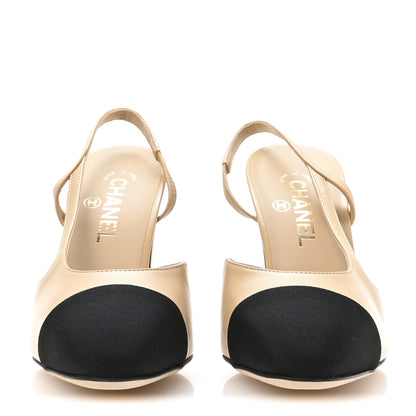 Chanel Goatskin Grosgrain Cap Toe CC Slingback Pumps 40 Beige Black 3 of 9