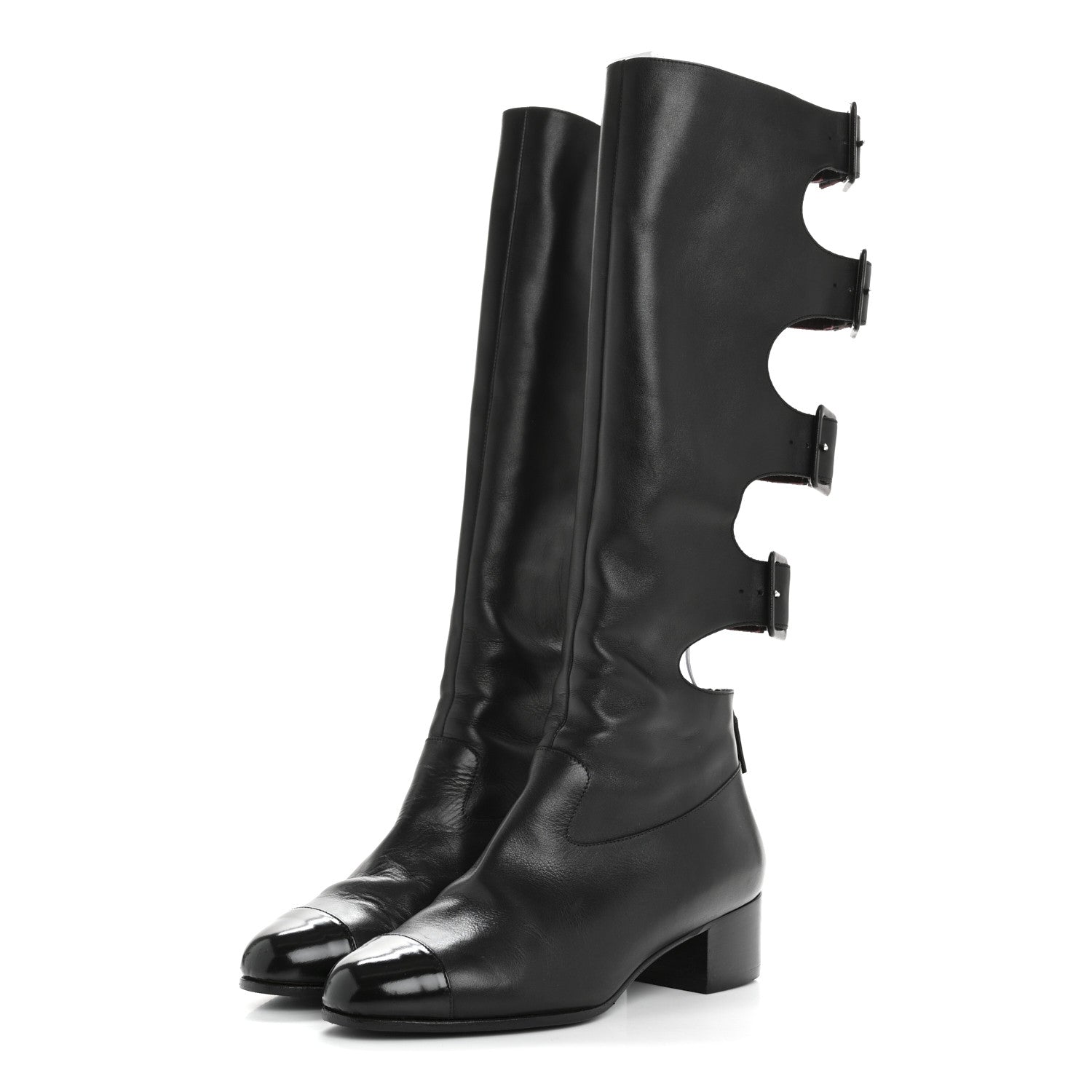 Chanel Lambskin Patent Cut Out Buckle Cap Toe Knee High Boots 35.5 Black 3 of 9