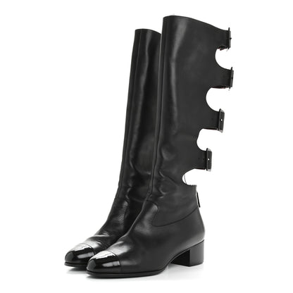 Chanel Lambskin Patent Cut Out Buckle Cap Toe Knee High Boots 35.5 Black 3 of 9