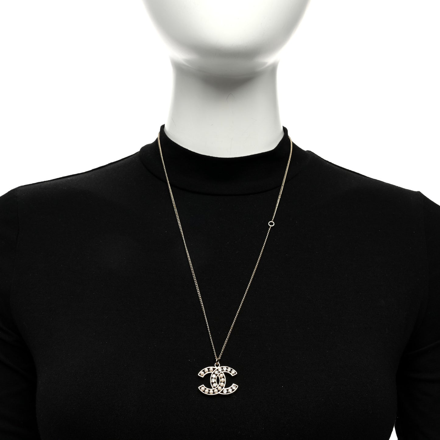 Crystal Pearl CC Pendant Necklace Gold