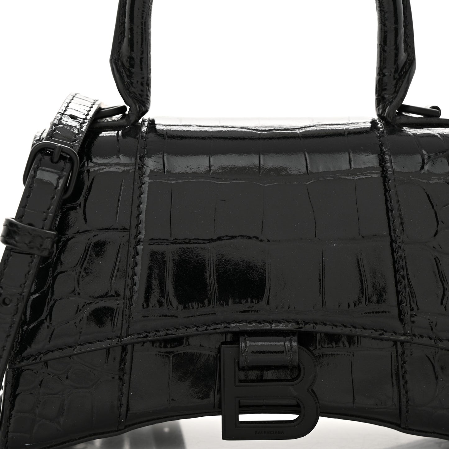 Shiny Calfskin Monochrome Crocodile Embossed Hourglass Top Handle Bag XS Black