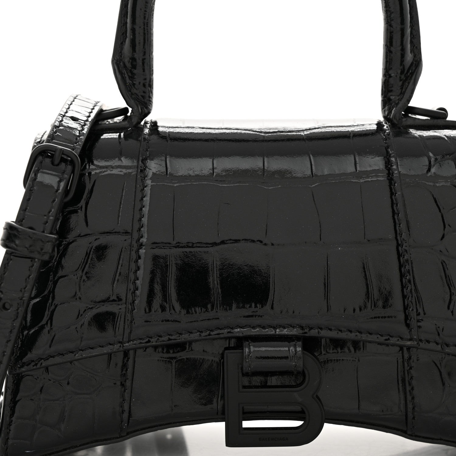 Balenciaga Shiny Calfskin Monochrome Crocodile Embossed Hourglass Top Handle Bag XS Black 9 of 15