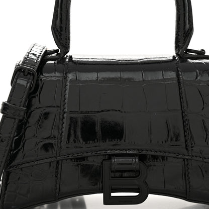 Balenciaga Shiny Calfskin Monochrome Crocodile Embossed Hourglass Top Handle Bag XS Black 9 of 15