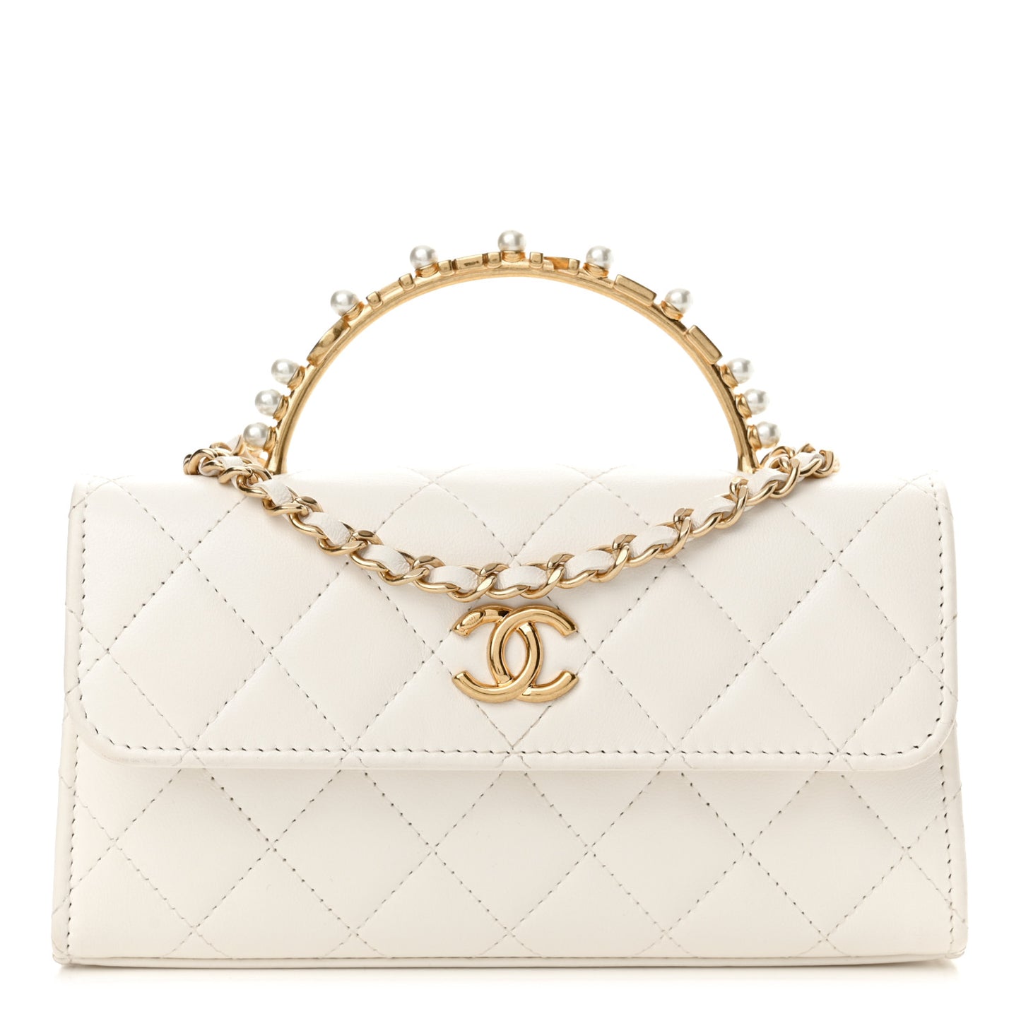 Lambskin Pearl Crystal Quilted Pearly Girl Handle Flap Phone Holder With Chain White