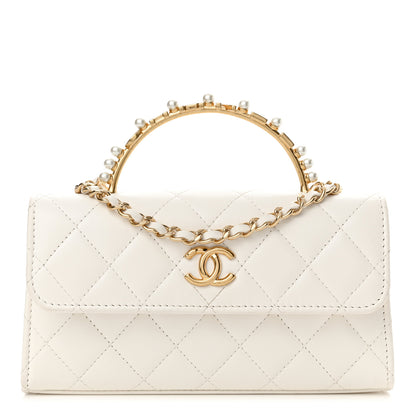 Chanel Lambskin Pearl Crystal Quilted Pearly Girl Handle Flap Phone Holder With Chain White 1 of 11