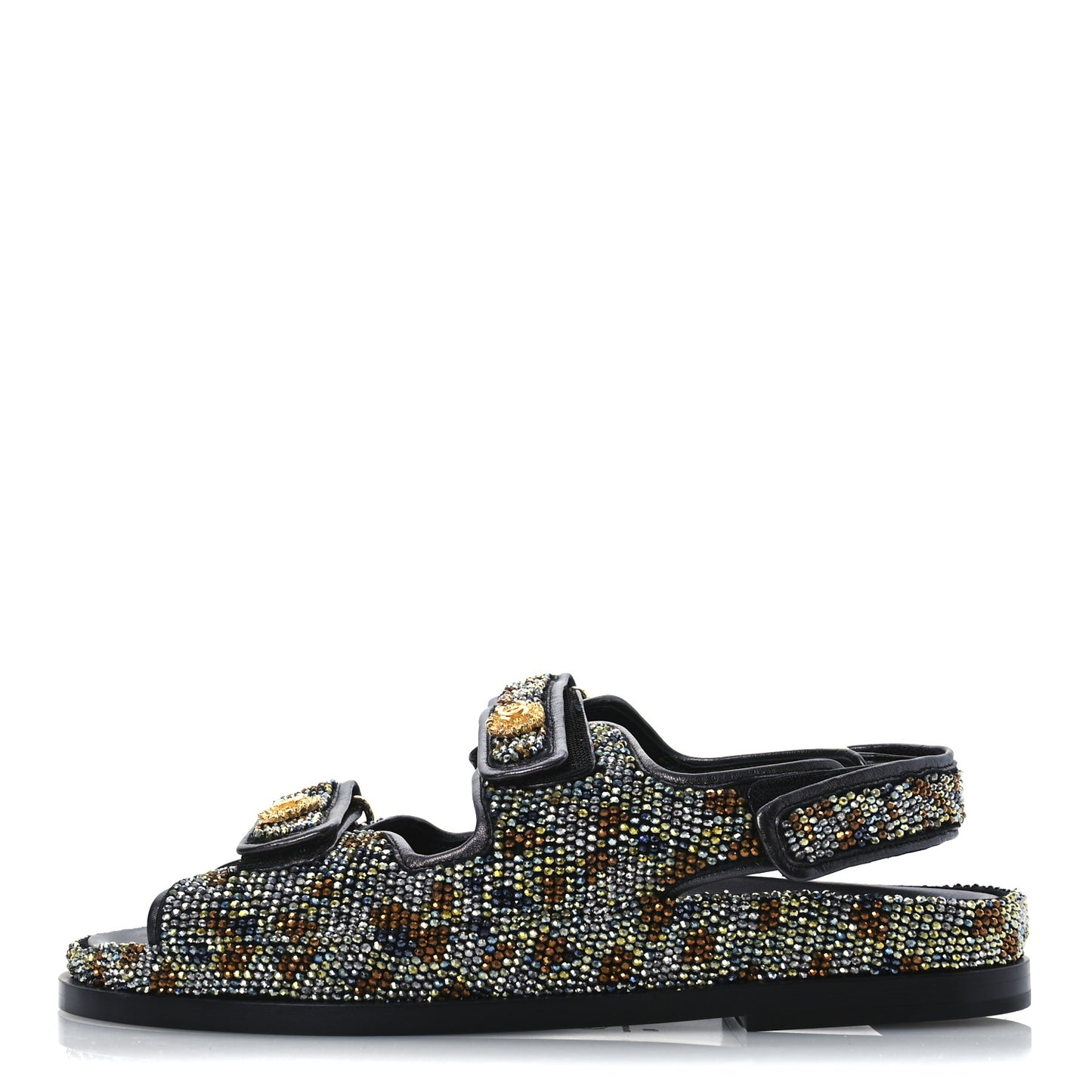 Grained Calfskin Crystal Velcro Dad Sandals 40 Black Multicolor