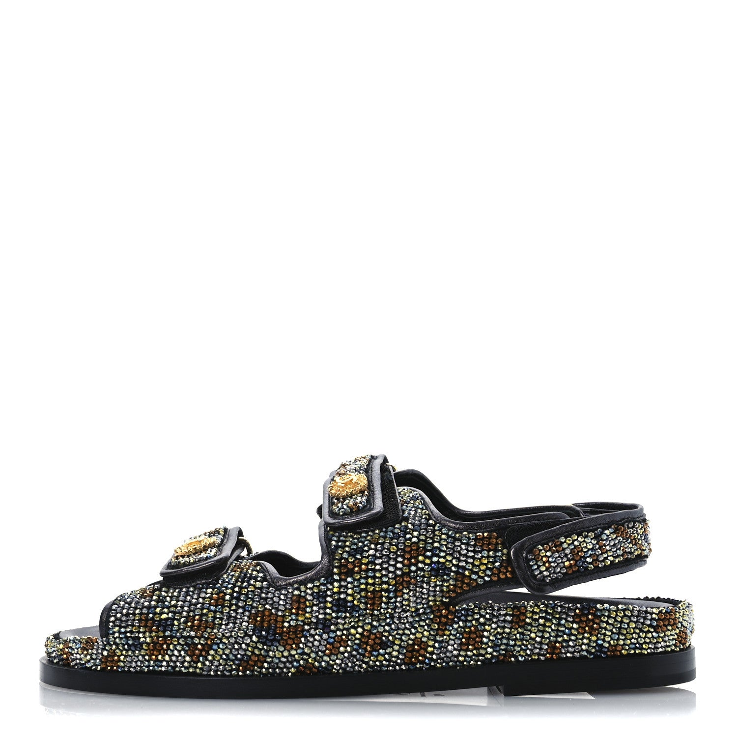 Chanel Grained Calfskin Crystal Velcro Dad Sandals 40 Black Multicolor 2 of 26