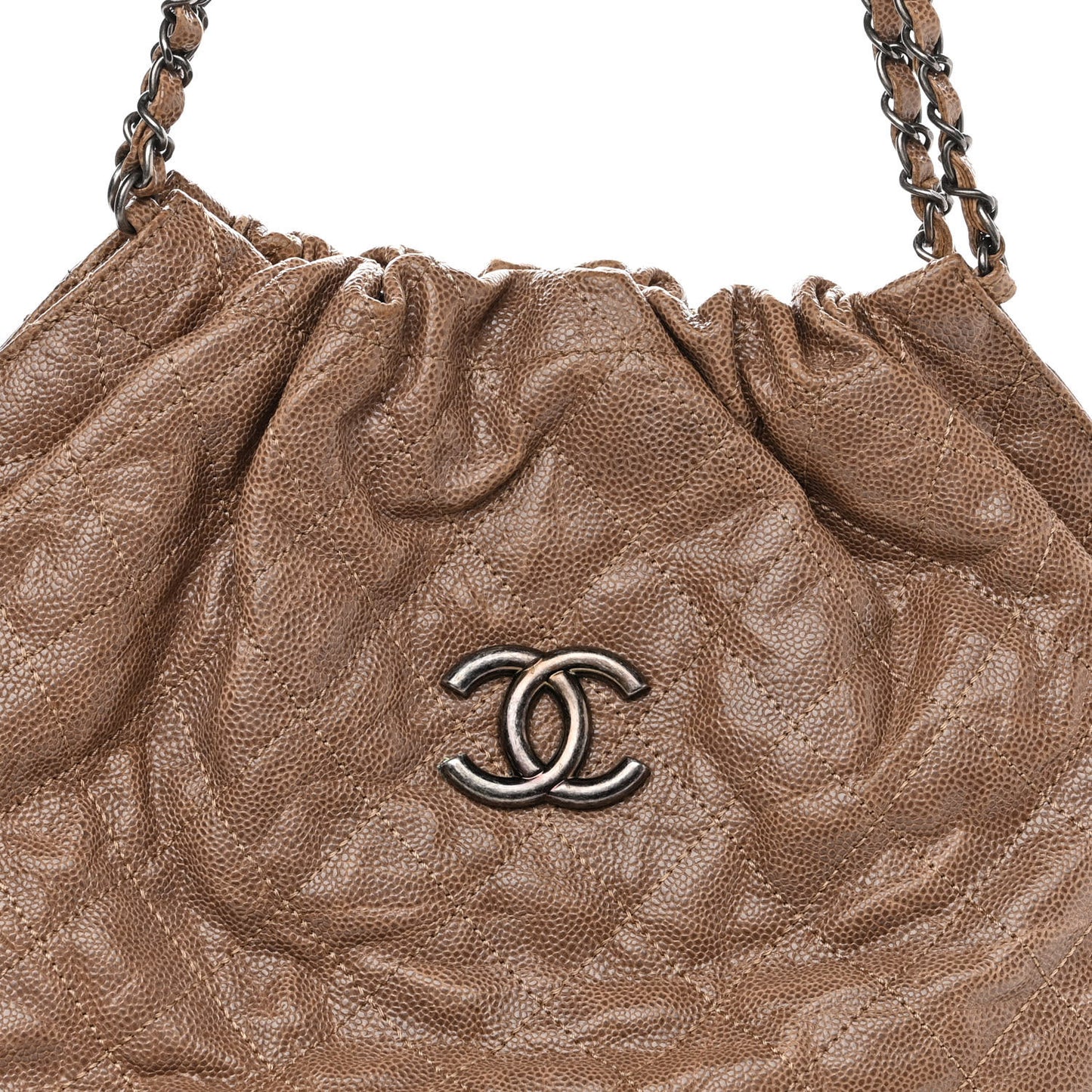 Distressed Glazed Caviar Quilted Large Elastic Tote Brown