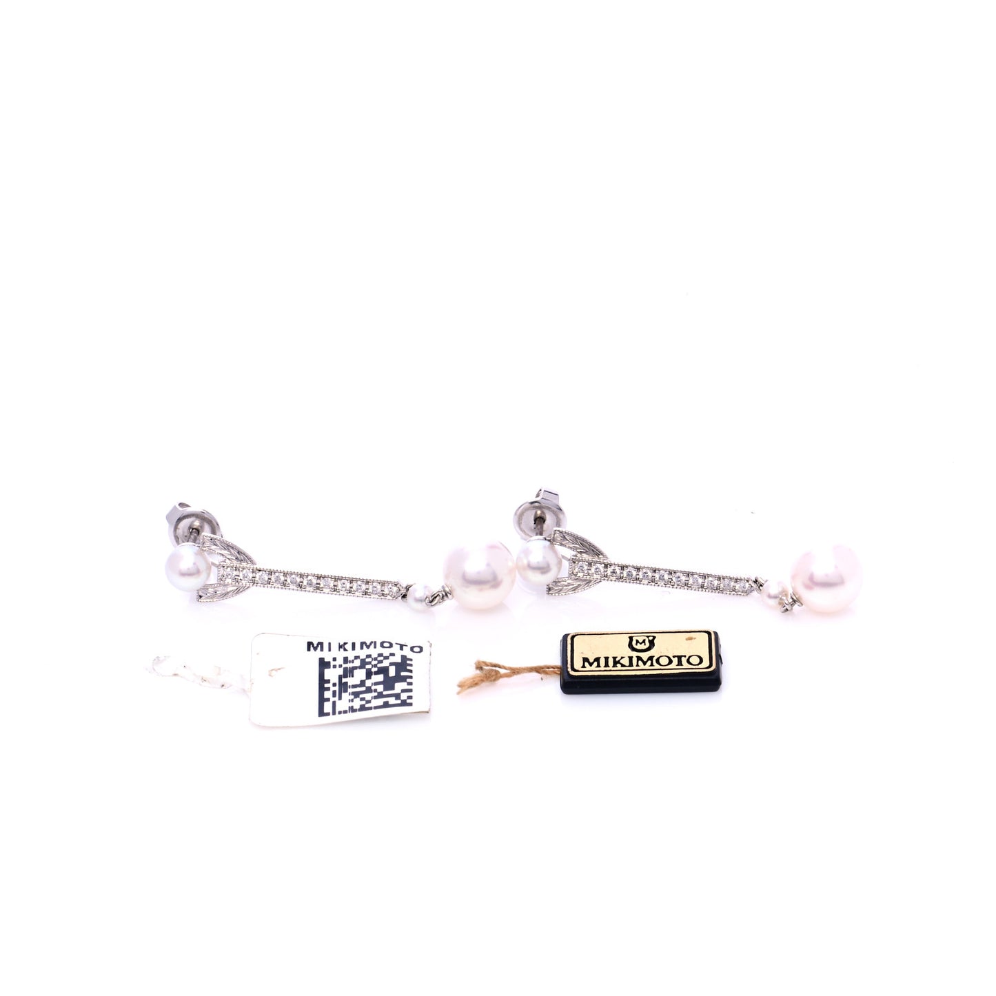 18K White Gold Diamond Akoya Pearl 8mm Deco Drop Earrings