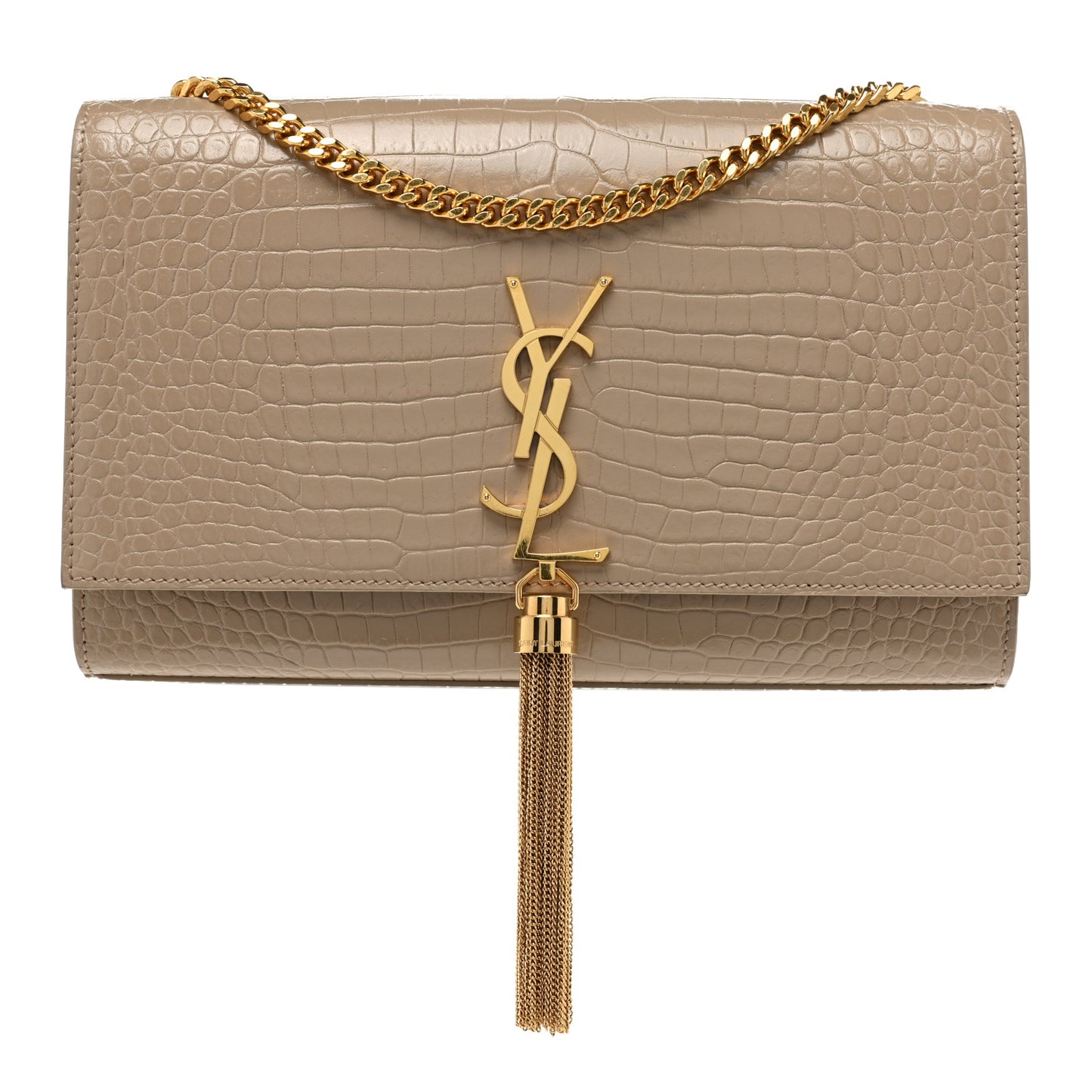 Calfskin Crocodile Embossed Medium Classic Monogram Kate Tassel Satchel Dark Beige